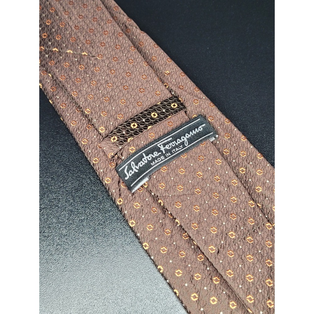 Salvatore Ferragamo Mens Silk Tie Brown Orange Geometric Made in Italy
